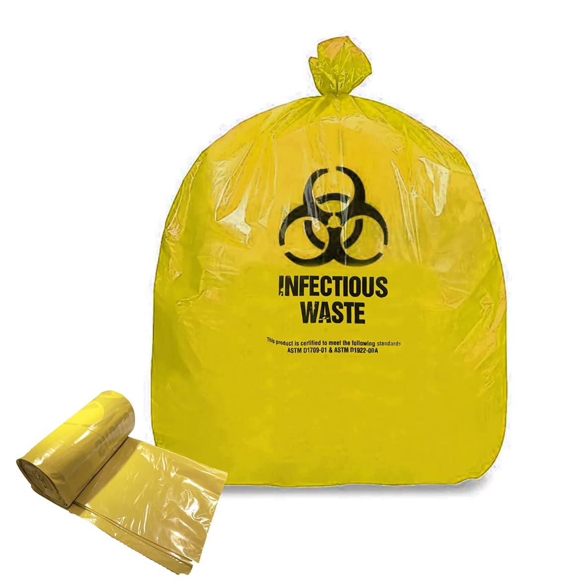 A yellow garbage bag with a biohazard sign

Description automatically generated