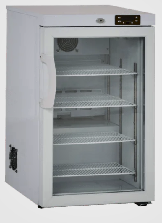 A white refrigerator with shelves

Description automatically generated